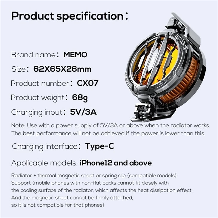 MEMO CX07 Phone Cooler Cooling Fan For Phone Radiator Phone Cooler For Gaming high quality